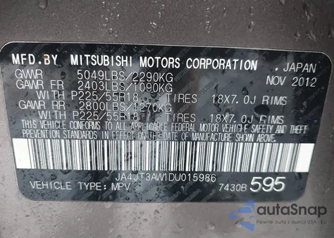 2013 Mitsubishi Outlander Se из США, поврежденный, VIN JA4JT3AW1DU015986